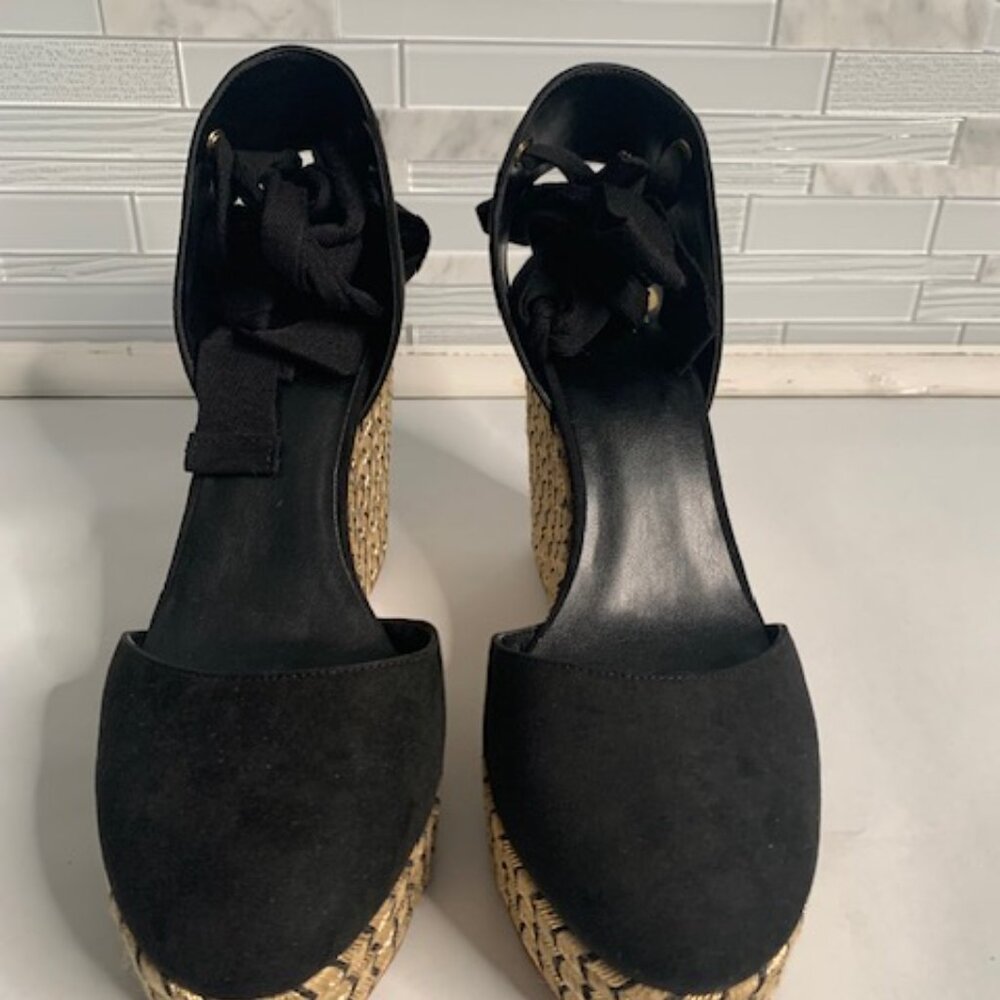 Black and Gold J Lo Espadrille Wedge Heels